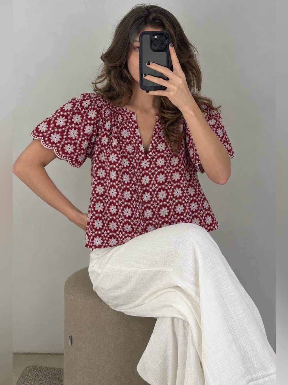 NWT LOFT Red Embroidered Split-Neck Flutter Scallop Sleeve 100% Cotton Blouse